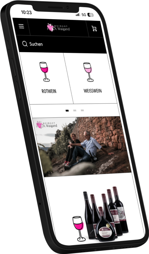 Startseite von waigand-wein.de auf dem Smartphone mit den Kategorien Rotwein und Wei&szlig;wein