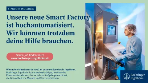 Motiv der Recruiting Kampagne mit der Headline "Unsere neue Smart Factory ist hochautomatisiert. Wir k&ouml;nnten trotzdem deine Hilfe brauchen.""