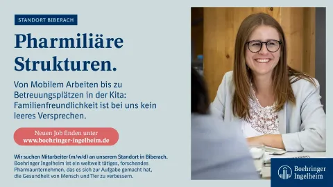 Motiv der Recruiting Kampagne mit der Headline "Pharmili&auml;re Strukturen: Von Mobilem Arbeiten bis zu Betreuungspl&auml;tzen in der Kita: Familienfreundlichkeit ist bei uns kein leeres Versprechen."
