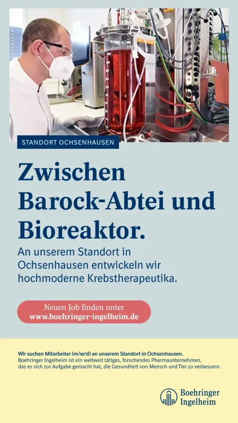 Motiv der Recruiting Kampagne im Smartphone-Format mit der Headline "Zwischen Barock-Abtei und Bioreaktor."