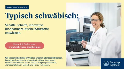 Motiv der Recruiting Kampagne mit der Headline "Typisch schw&auml;bisch: Schaffe, schaffe, biopharmazeutische Wirkstoffe entwickeln"