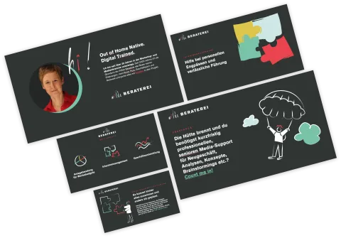 Design-Grafiken der 'Wilde Beraterei' mit einer Vorstellung von Nicole Wilde. Texte zu Beratung, Interim-Management und Freelance-Dienstleistungen. Moderne, minimalistische Gestaltung mit handgezeichneten Elementen.