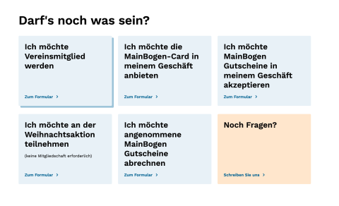 &Uuml;bersicht der MainBogen Website mit Formular-Kacheln f&uuml;r Mitgliedschaft, MainBogen Card, Gutscheine und Weihnachtsaktion.