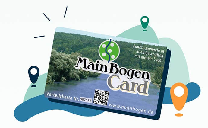 Abbildung der MainBogen Card mit blau-grüner, abstrakter Illustration im Hintergrund.