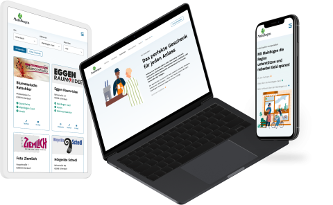Mockup der responsiven MainBogen Website mit Partnerliste und Informationen zur MainBogen Card auf Tablet, Laptop und Smartphone.