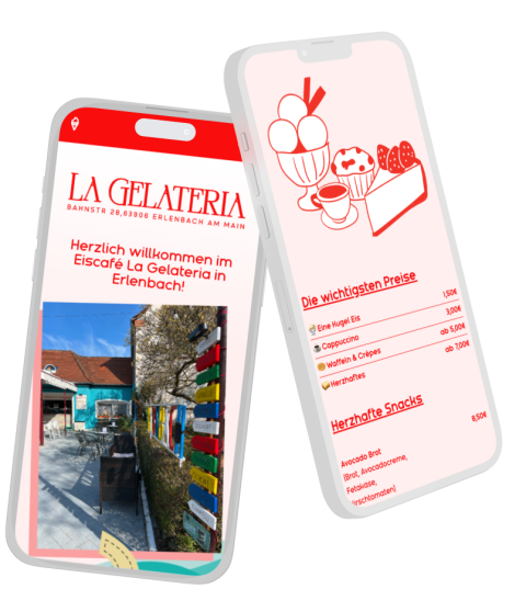 Zwei Smartphones zeigen Auschnitte der neuen Webseite von La Gelateria.