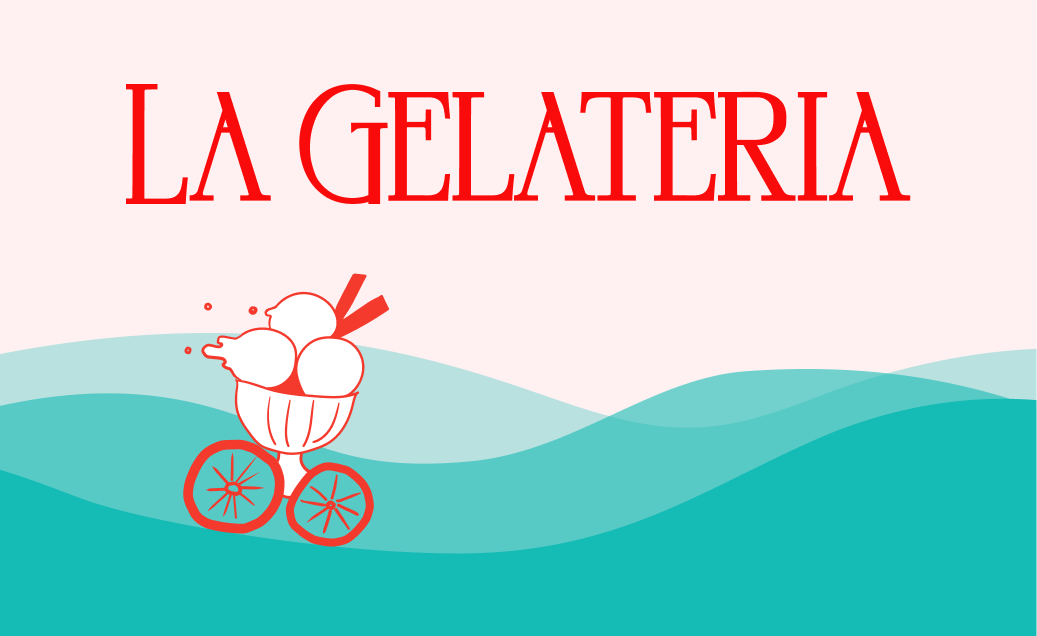 Illustration mit dem roten Schriftzug ‚La Gelateria‘. Darunter eine stilisierte Grafik in eines Eisbechers auf zwei Rädern, ebenfalls in Rot. Hintergrund aus geschwungenen türkisfarbenen Wellenformen.