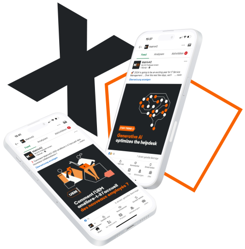 Zwei schr&auml;g dargestellte Smartphones zeigen Social-Media-Beitr&auml;ge von Matrix42. Auf dem rechten Display ist eine Grafik mit der &Uuml;berschrift &bdquo;Generative AI optimizes the helpdesk&ldquo; und einem stilisierten neuronalen Netzwerk zu sehen. Auf dem linken Display wird ein Beitrag zum Thema UEM (Unified Endpoint Management) mit einer abstrakten Illustration von Personen und Ger&auml;ten angezeigt. Im Hintergrund befinden sich ein gro&szlig;es dunkles &bdquo;X&ldquo;-Symbol und ein orangefarbener geometrischer Rahmen auf schwarzem Hintergrund.