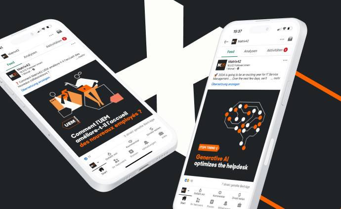 Zwei Smartphones zeigen die LinkedIn-Website von Matrix42. Im Hintergrund ist ein großes X, wie im Logo des Unternehmens auch, zu sehen.