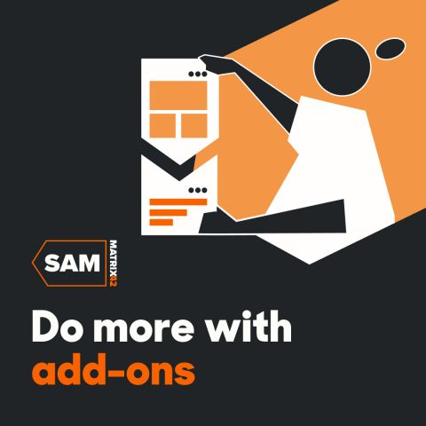 Stilisierte Illustration einer Person, die ein Dokument mit grafischen Elementen und Textbausteinen h&auml;lt und darauf zeigt. Das Bild ist in Schwarz, Wei&szlig; und Orange gehalten. Links steht &bdquo;SAM Matrix42&ldquo;, darunter der Slogan &bdquo;Do more with add-ons&ldquo;.