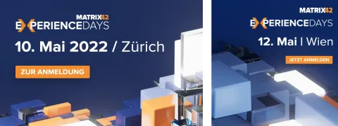 "Promotional Design f&uuml;r die Matrix42 Experience Days 2022. Links: Termin f&uuml;r den 10. Mai in Z&uuml;rich mit einem Anmelde-Button. Rechts: Termin f&uuml;r den 12. Mai in Wien mit einem 'Jetzt anmelden'-Button. Das Design enth&auml;lt blaue, orangefarbene und wei&szlig;e 3D-W&uuml;rfel-Elemente.