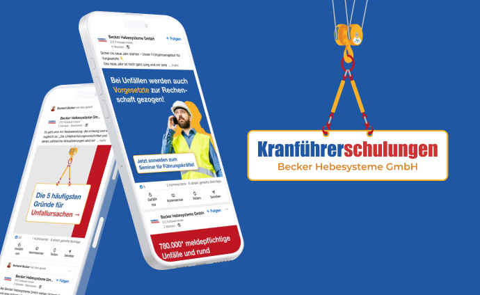 Zwei Smartphones zeigen das LinkedIn-Profil von Becker Hebesystemen mit zwei verschiedenen Beiträgen. Daneben das Logo des Unternehmens an einer Kranaufhängung.