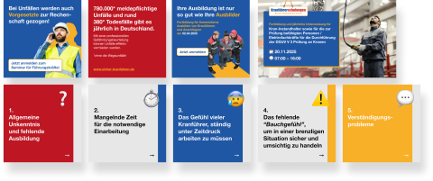 Social-Media-Kachel-Grafiken f&uuml;r Kranf&uuml;hrerschulungen mit Unfallstatistik, Seminarangeboten und f&uuml;nf h&auml;ufigen Problemen im Arbeitsalltag von Kranf&uuml;hrern.