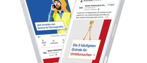 Ein Mockup zweier Smartphones zeigt zwei verschiedene LinkedIn-Beitr&auml;ge von Becker Hebesysteme.