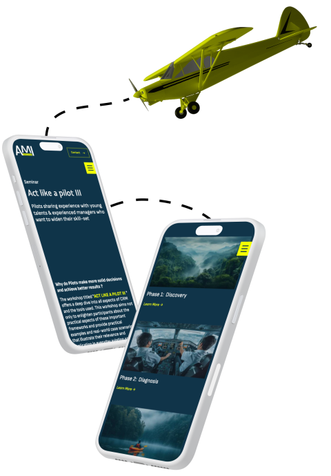Die Amiation Website auf zwei Smartphones dargestellt, dar&uuml;ber ein gelbes Propeller-Flugzeug und verbindende Strich-Elemente.