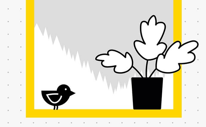 Illustration eines Vogels und einer Zimmerpflanze auf einer gelb umrahmten Fensterbank vor einer stilisierten Berglandschaft