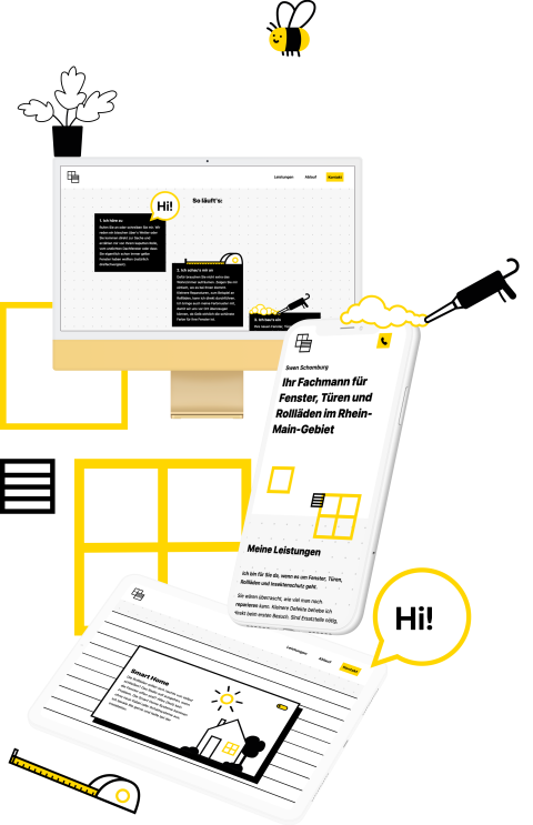 Mockup einer Website f&uuml;r Swen Schomburg, Fachmann f&uuml;r Fenster, T&uuml;ren und Rolll&auml;den, dargestellt auf Desktop, Tablet und Smartphone mit schwarz-gelber Design&auml;sthetik und illustrierten Elementen