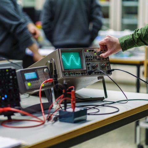 Messaufbau mit einem Oszilloskop in einem Elektroniklabor, eine Person justiert die Einstellungen.