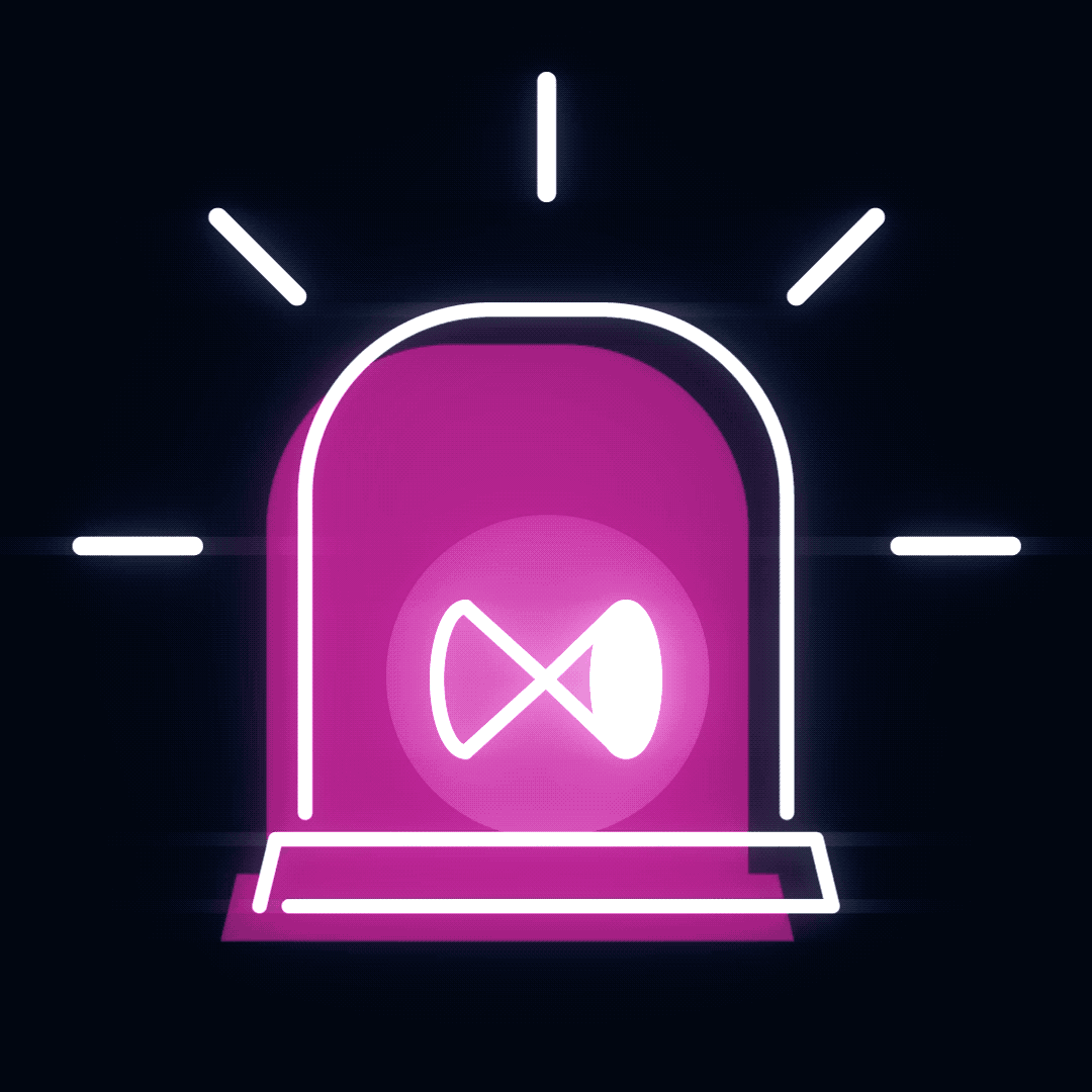 Neon-animiertes Symbol einer Sirene mit blinkenden Lichtern auf dunklem Hintergrund.
