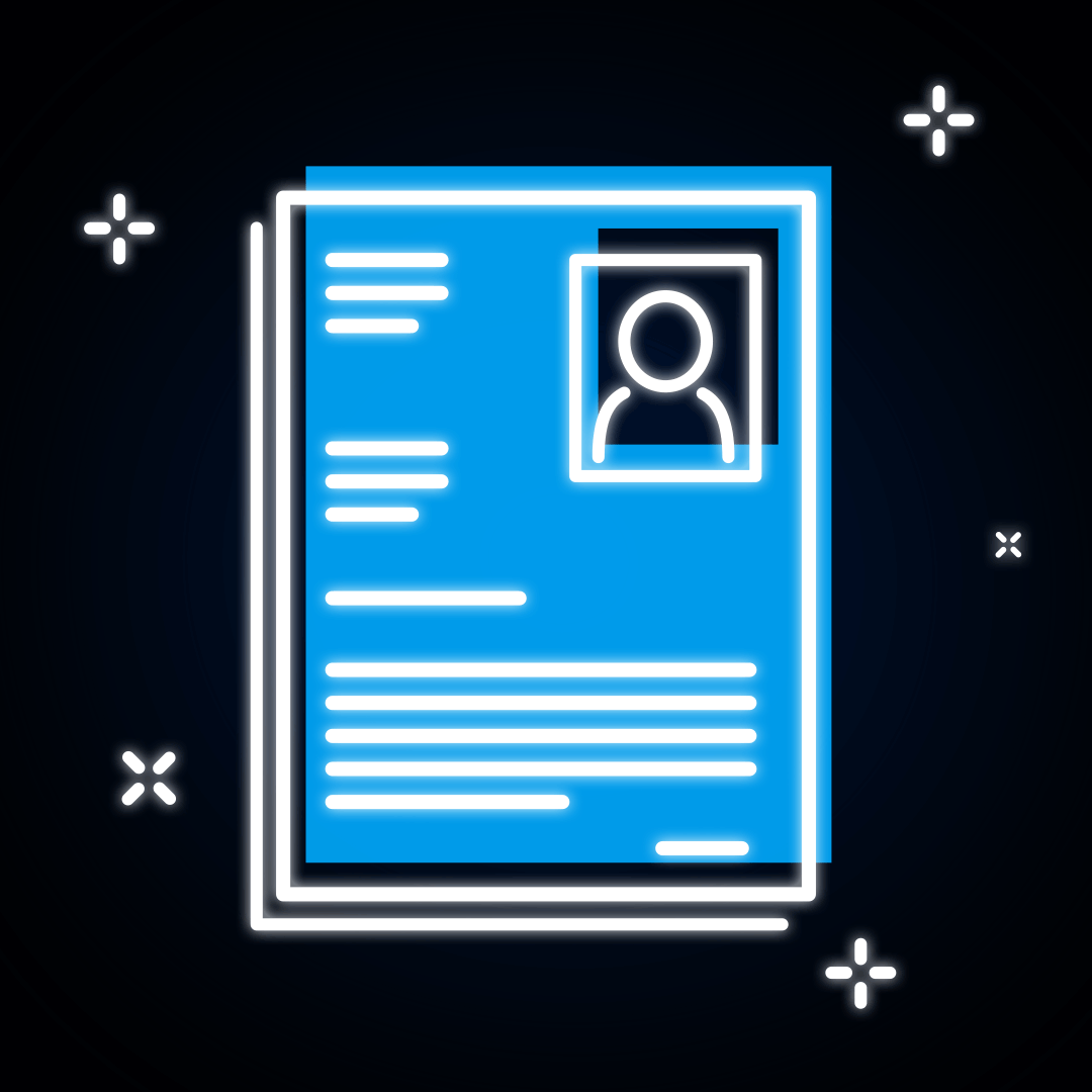 Leuchtendes, neonblaues Icon eines Lebenslaufs mit einem Bewerbungsfoto-Symbol.