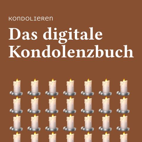 Braunes Design mit mehreren brennenden Kerzen-Emojis. Text: 'Kondolieren &ndash; Das digitale Kondolenzbuch'.