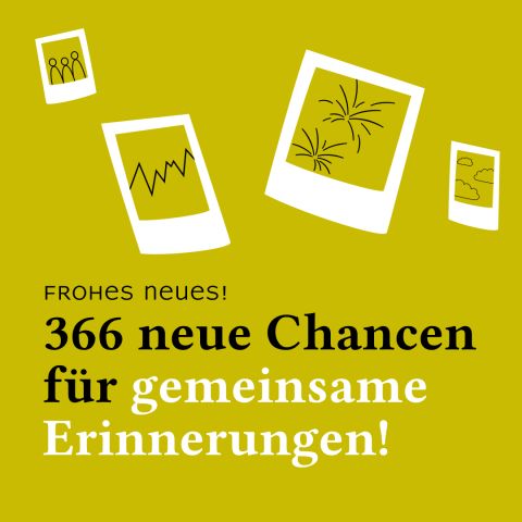 Gelbes Design mit schwebenden Polaroid-Fotos, die Feuerwerk, Menschen und Wolken zeigen. Text: 'Frohes Neues! 366 neue Chancen f&uuml;r gemeinsame Erinnerungen!'.