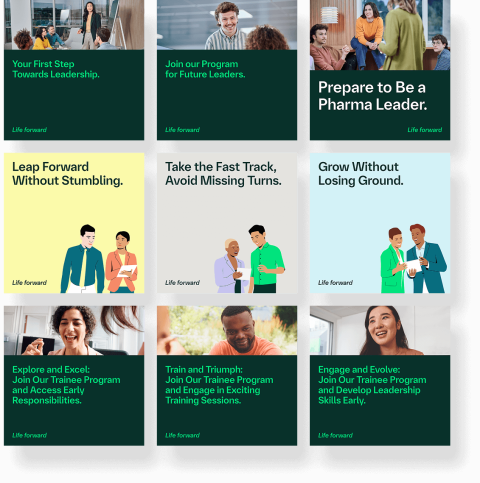 Grafiken der Boehringer Ingelheim Karrierekampagne zum Trainee-Programm mit Motiven zu Leadership, Training und pers&ouml;nlicher Entwicklung.