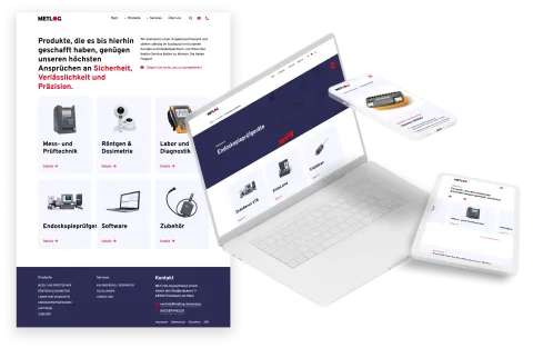 Webdesign der METLOG‑Website mit Produkt&uuml;bersicht f&uuml;r Mess‑ und Pr&uuml;ftechnik, dargestellt auf Desktop, Laptop, Tablet und Smartphone